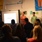 The Lychee Unicorns group, from left, Noah Tom, Olena Heu, Brent Nakano and Brad Shin deliver their marketing campaign on the rebranding of one of the Hawaii Nature Center’s biggest programs